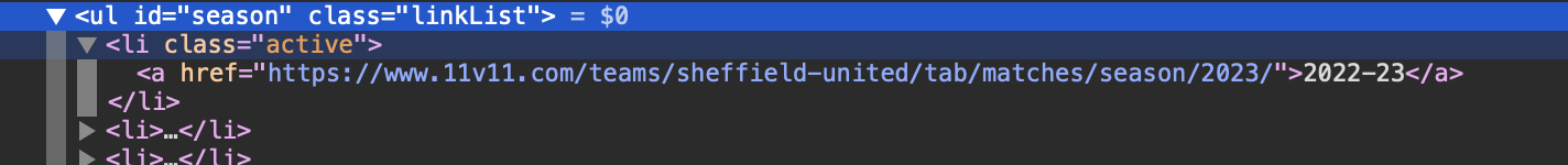 Dev Tools showing the Ul for the seasons